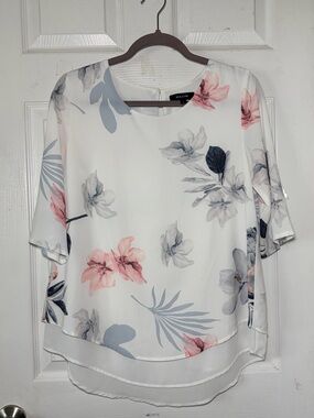 Saks Fifth Avenue White Floral Chiffon Blouse with Pink & Gray Blooms